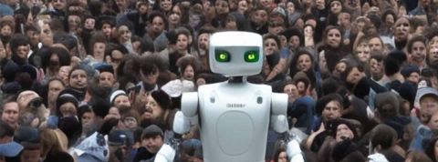 Un robot géant entouré d'une foule