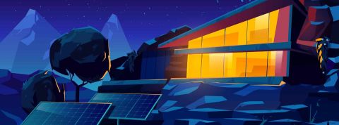 6 Français sur 10 envisagent de faire preuve de sobriété énergétique en sautant le pas de l’autoconsommation Maison autonome avec dessin animé de panneaux solaires