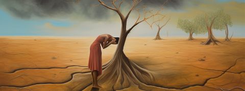 Une IA illustre le rapport du GIEC Illustration d'une remme courbée s'appuyant sur un arbre avec une terre craquelée