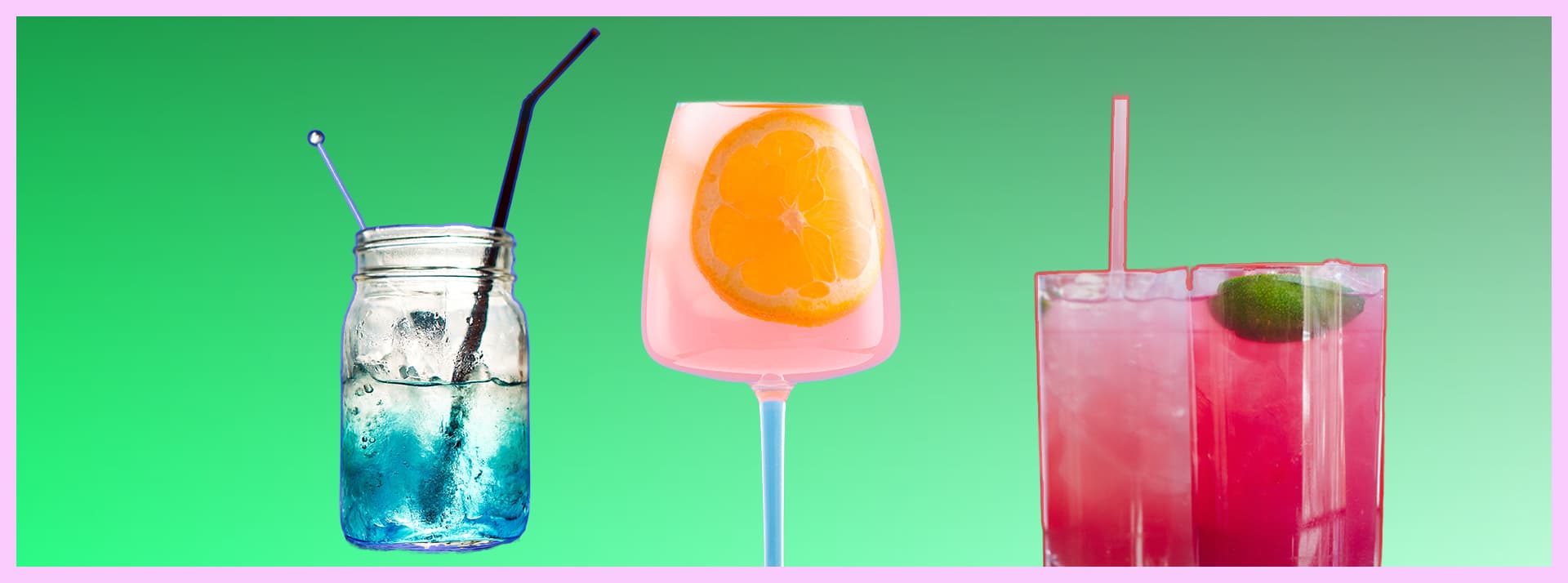 Passion eau aromatisée - L'ADN Des verres remplis d'eau colorée sur fond vert