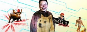 Elon Musk avec un sweat Dogcoin et des illustrations du compte reddit Wall Street Siren