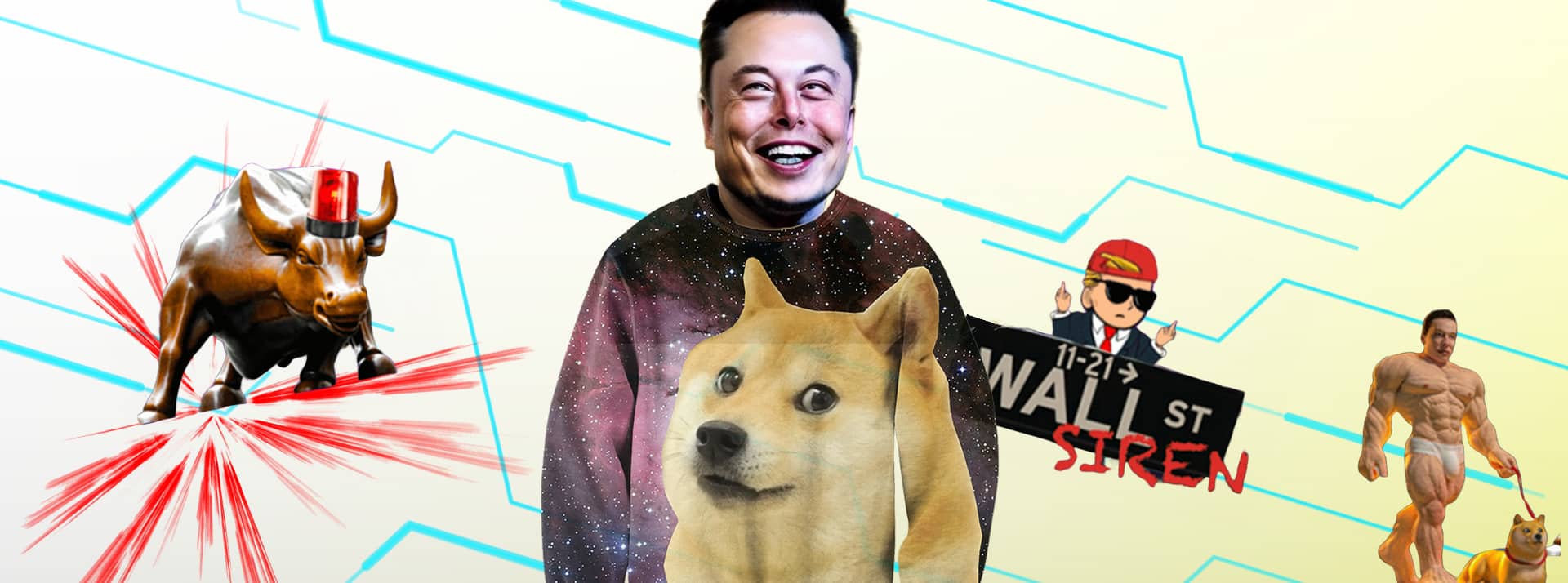 Elon Musk avec un sweat Dogcoin et des illustrations du compte reddit Wall Street Siren