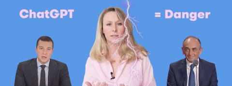 L'extrême droite et chatGPT Jordan Bardella, Marion Maréchal et Eric Zemmour avec le texte - Chat GPT = danger -