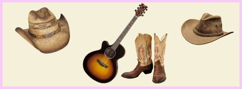 le retour de la musique country guitare country, chapeau et bottes de cowboy