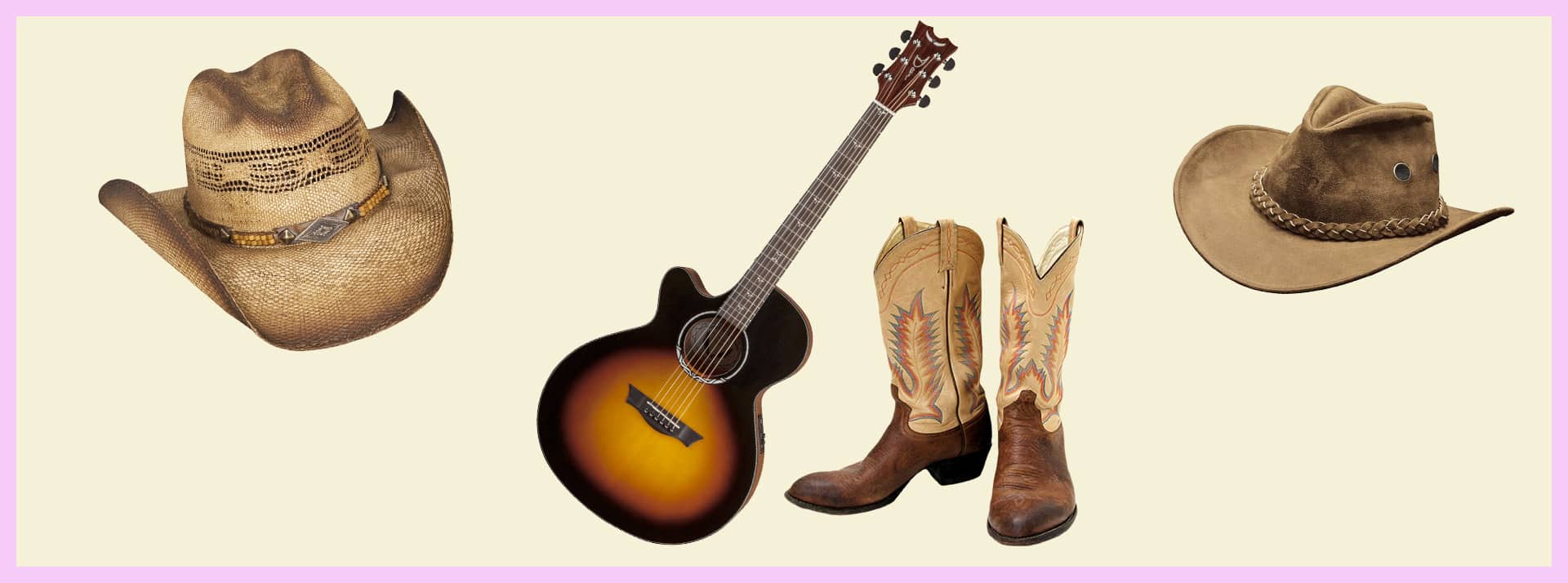 le retour de la musique country - L'ADN guitare country, chapeau et bottes de cowboy