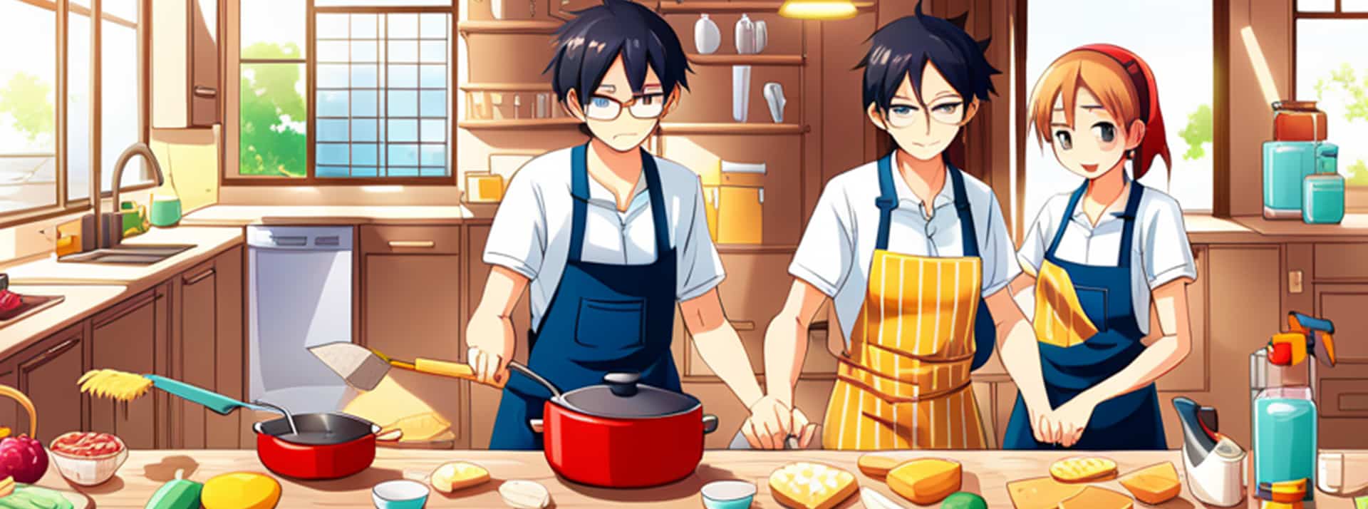 Deux hommes et une femme façon Manga cuisinent
