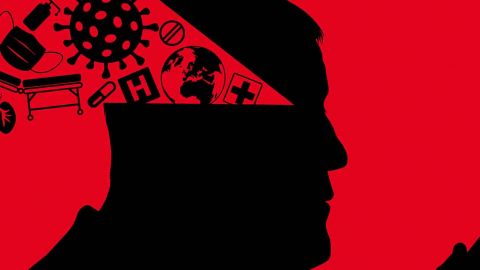 Illustration complot avec des fakes news qui sortent de la tête d'un homme de profil tenant son téléphone