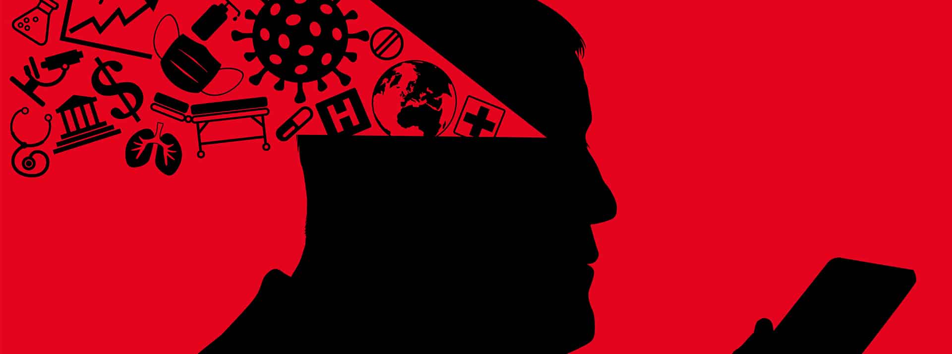 35% des Français adhèrent aux théories complotistes Illustration complot avec des fakes news qui sortent de la tête d'un homme de profil tenant son téléphone
