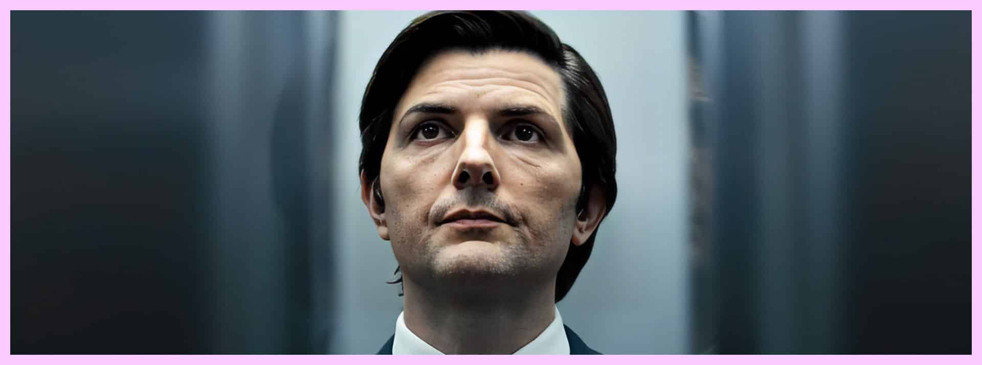 Le héros de la série Severance dans un ascenseur, l'air contrit