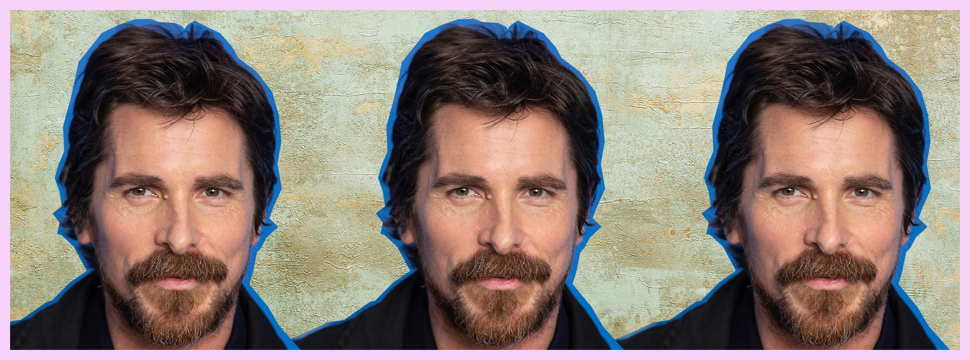 Le visage de Christian Bale sur fond vert pâle