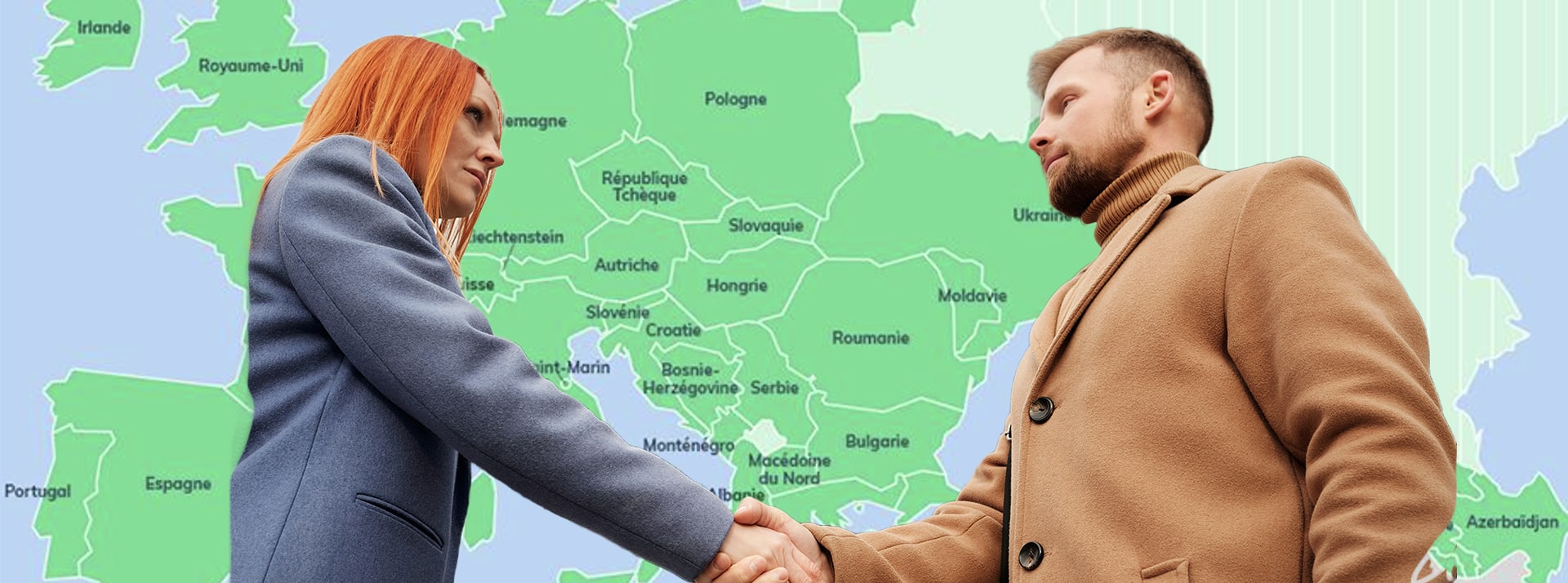 Carte de L'Europe derrière unef emme et un homme qui se serrent la main