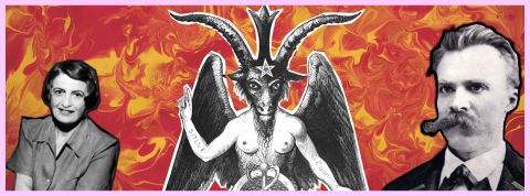 Le satanisme est-il de gauche ou de droite ? Sur fond rouge, Baphomet, Ayn Rand et Friedrich Nietzsche