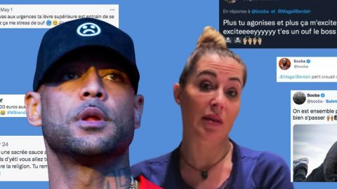 Booba et Magali Berdah, en fond des tweets de Booba contre des influenceuses
