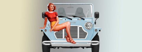 Électrique, légère, accessible... L'automobile peut-elle se réinventer ? Moke électrique bleu clair et pinup