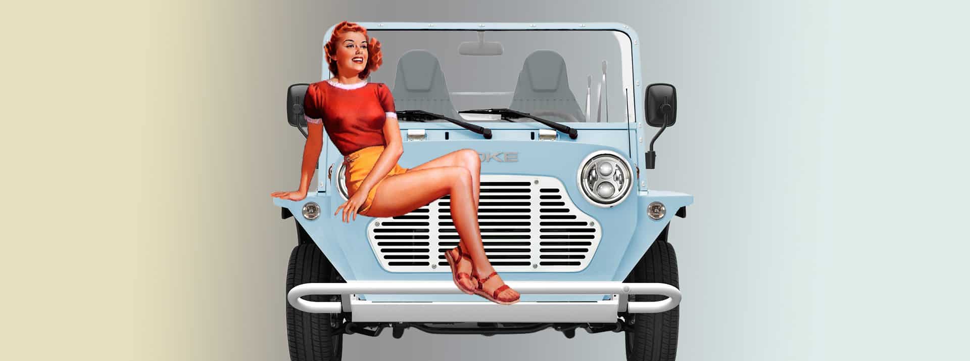 Moke électrique bleu clair et pinup