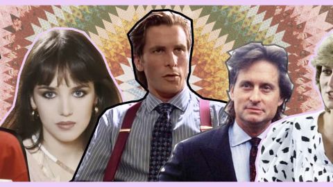 Sur fond coloré, des hommes et femmes d'affaire des années 80