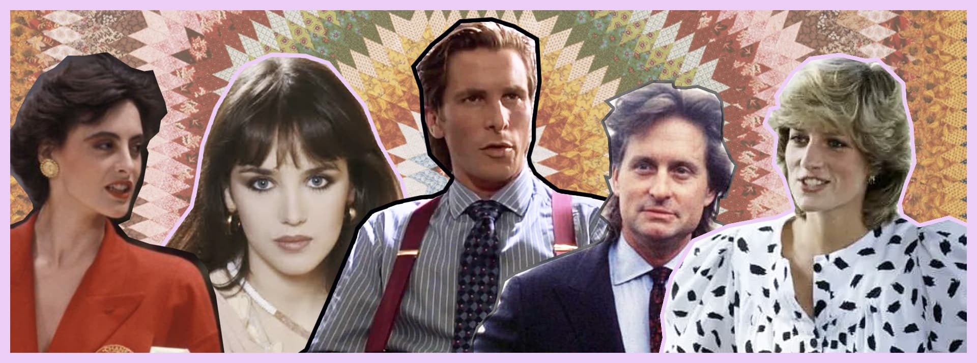 Sur fond coloré, des hommes et femmes d'affaire des années 80