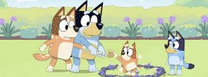 Capture d'écran d'un épisode de Bluey où les deux parents jouent avec leurs filles