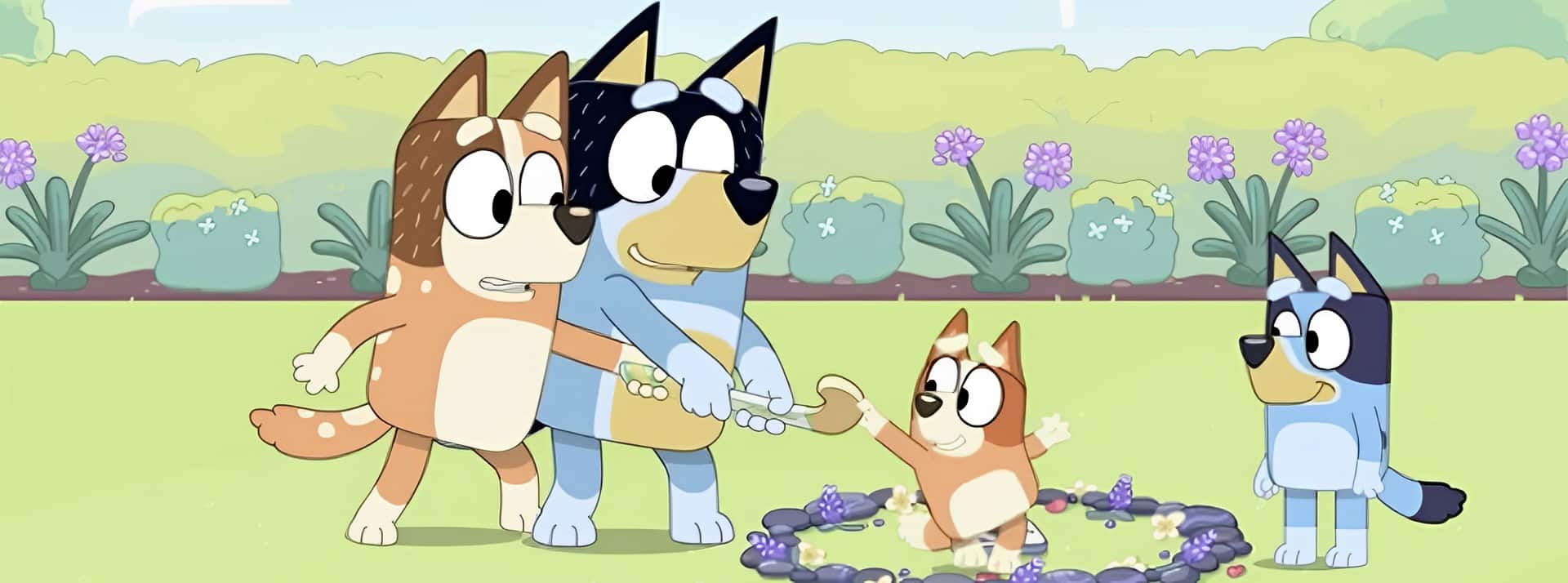 Capture d'écran d'un épisode de Bluey où les deux parents jouent avec leurs filles
