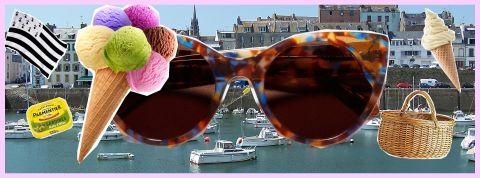 Le ras-le-bol des habitants des villes touristiques : transformer la côte en carte postale, c'est non ! Vue du port de Douarnenez avec boules de glaces, boite de sardine, lunettes, panier en osier