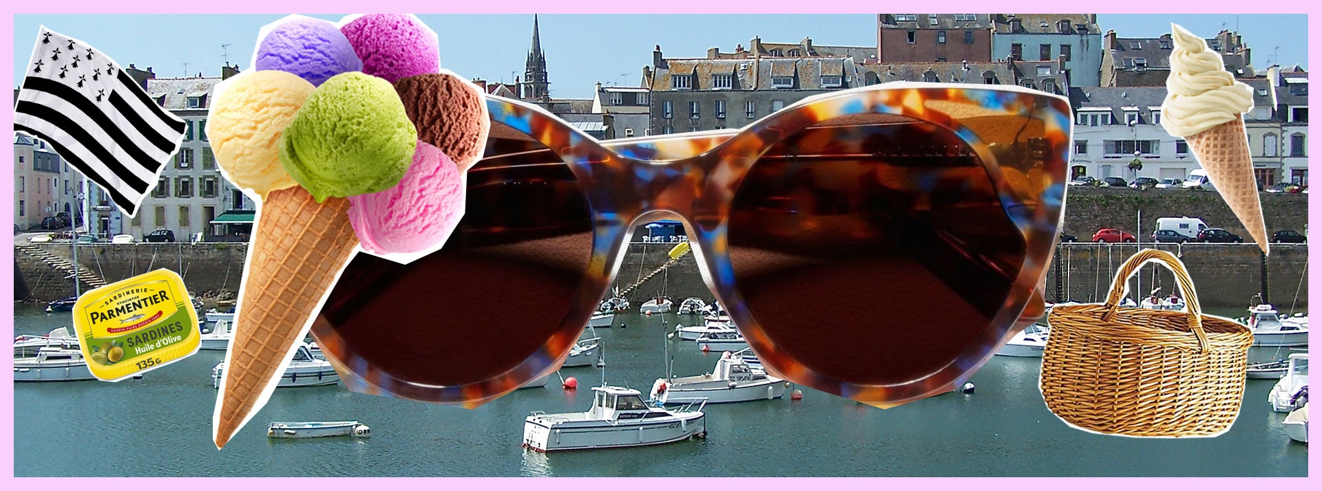 Vue du port de Douarnenez avec boules de glaces, boite de sardine, lunettes, panier en osier
