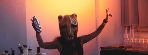 Taxer l'alcool pour sauver des vies Femme avec un masque de loup^et un shaker à cocktail dans une main