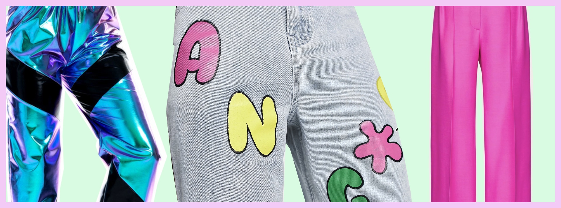 Les pantalons sont les nouveaux hauts - L'ADN Trois paires de pantalons sur un fond vert