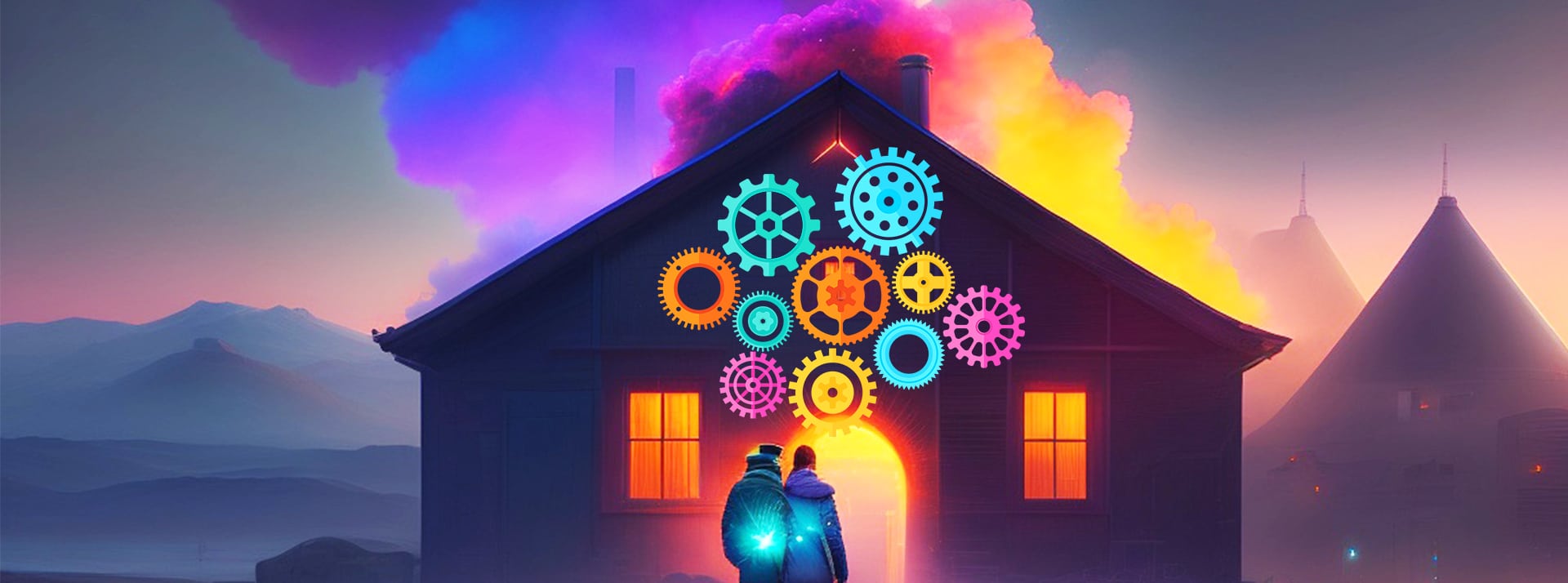 Fred Turner : « Soudain, l’usine et la maison sont au même endroit, comment vit-on dans ce monde ? - L'ADN Un couple de dos devant une maison usine et des engrenages d'horloge