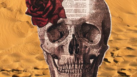 Tête de mort sur un journal et sable