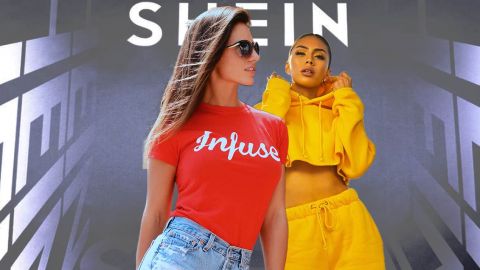 Deux jeunes filles devant le logo Shein