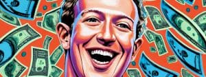 Illustration de Mark Zuckerberg riant aux éclats avec des dollars flottant autour de lui