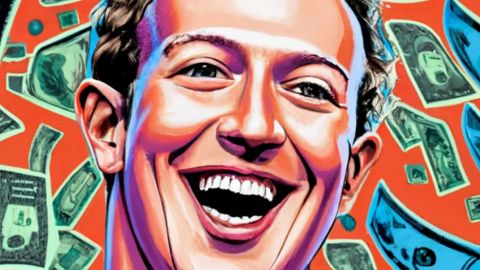 Illustration de Mark Zuckerberg riant aux éclats avec des dollars flottant autour de lui