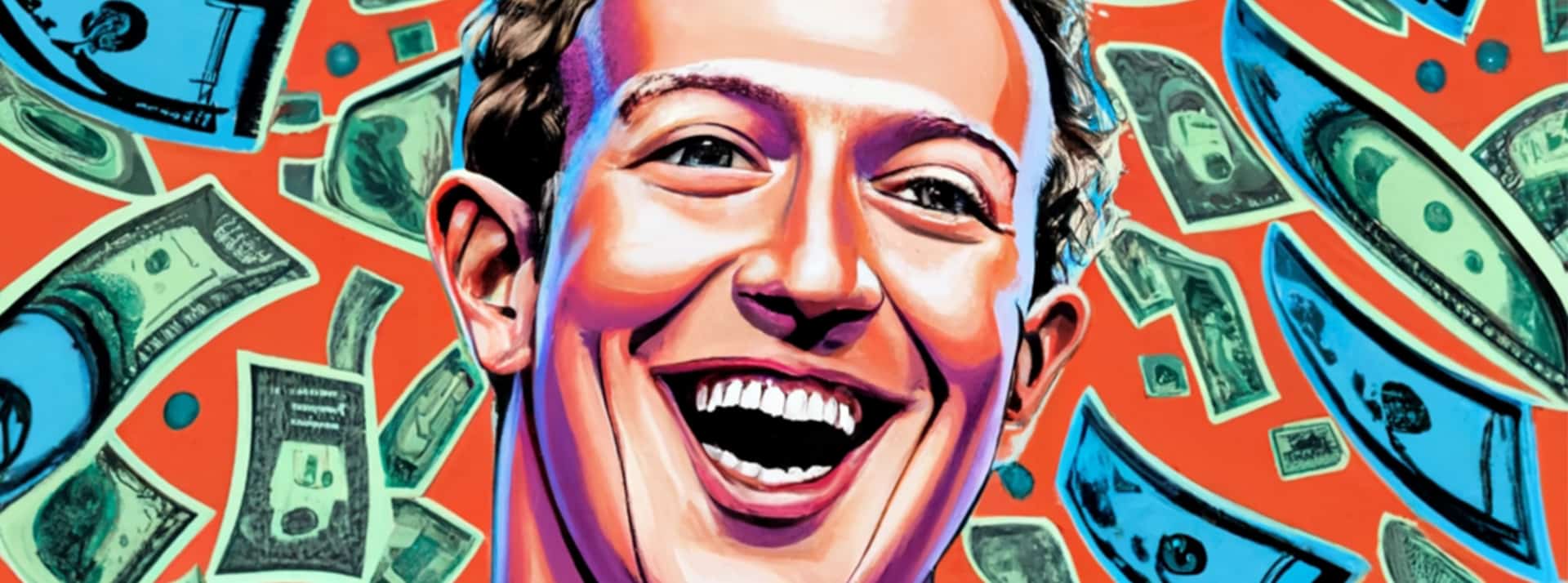 Facebook payant : Zuckerberg profite-t-il de la loi pour se refaire ? - L'ADN Illustration de Mark Zuckerberg riant aux éclats avec des dollars flottant autour de lui