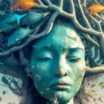 Un arbre au visage féminin bleu avec des poissons dans ses branches