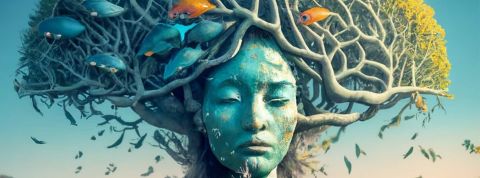 Amnésie écologique : pourquoi on se bouge si peu pour le climat Un arbre au visage féminin bleu avec des poissons dans ses branches