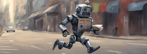 On a trouvé les premiers médias entièrement générés par IA Illusttration d'un robot volant des journaux