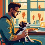 Illustration d'une homme chez lui travaillant avec son chien sur les genoux