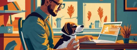 Certaines entreprises proposent un congé pour mieux accueillir un animal dans son foyer. Illustration d'une homme chez lui travaillant avec son chien sur les genoux