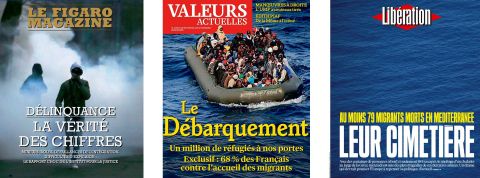 Quel est l'impact des médias sur la perception du lien entre immigration et délinquance ? 3 une de journaux illustrant le traitement de l'immigration: Le Figaro Magazine, Valeurs actuelles et Libération