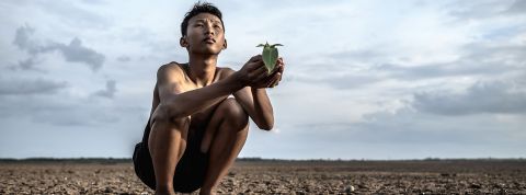 Sécheresse : qu'est-ce que le stress hydrique ? Jeune homme asiatique accroupi sur une terre craquelee regarde le ciel