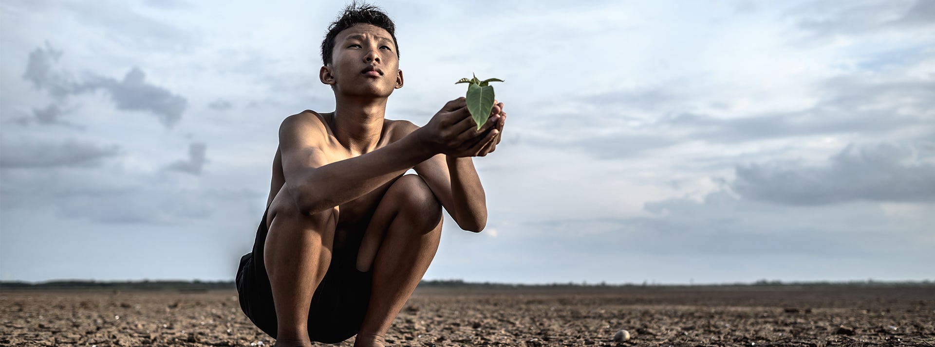 Sécheresse : qu'est-ce que le stress hydrique ? - L'ADN Jeune homme asiatique accroupi sur une terre craquelee regarde le ciel