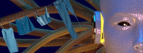 Mango crée sa propre IA pour concevoir ses vêtements Une corde à linge avec des vêtements en jean et un visage IA