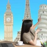 Femme à son bureau, montrant des monuments