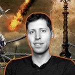 Sam Altman sur iun fond d'apocalypse avec des robots tueurs