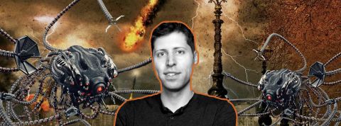 altman-matrix-sentinelles Sam Altman sur iun fond d'apocalypse avec des robots tueurs