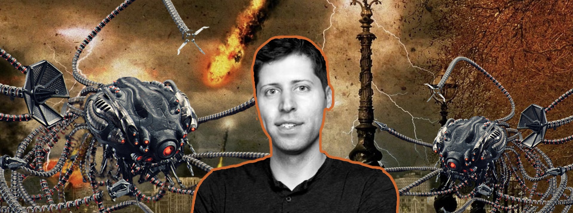 altman-matrix-sentinelles - L'ADN Sam Altman sur iun fond d'apocalypse avec des robots tueurs