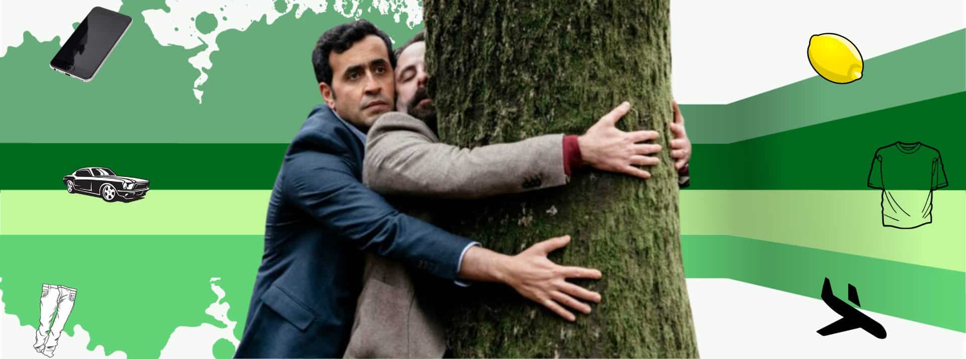 La consommation responsable s'installe dans le quotidien des Français. - L'ADN Homme encerclant un arbre avec ses bras