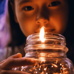 une fille tenant un bocal de lucioles