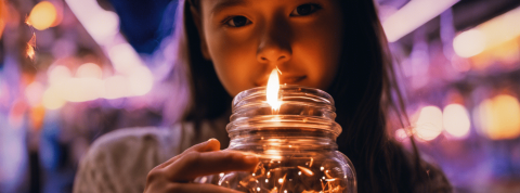 une fille tenant un bocal de lucioles