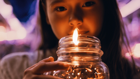une fille tenant un bocal de lucioles